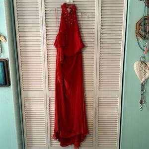 Carmen Marc Valvo Red 100% Silk Embellished Halter Evening Gown